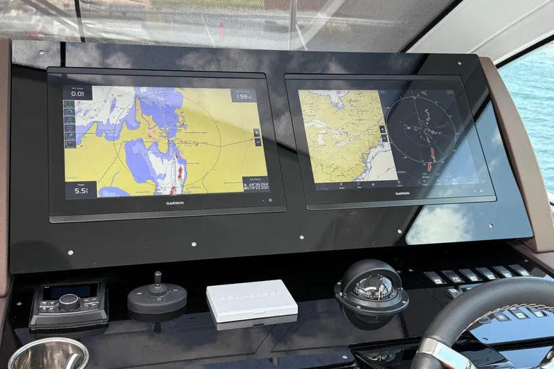  Yacht Photos Pics Helm of 2022 Cruisers Yachts 50 Cantius with dual Garmin navigation displays.