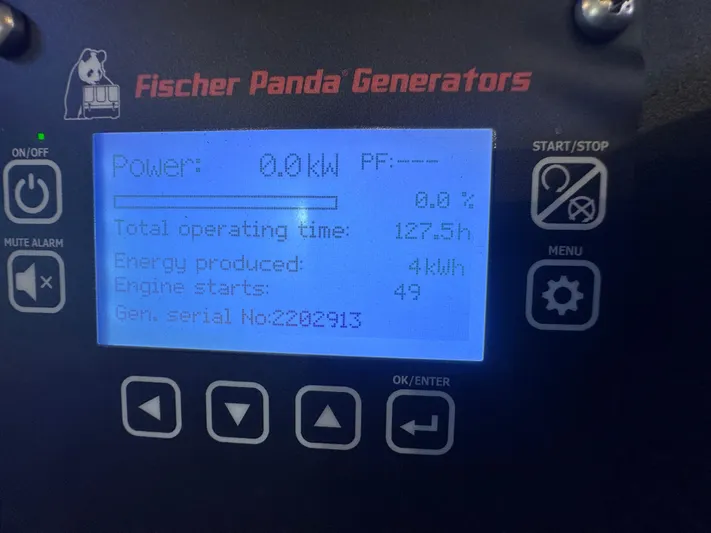  Yacht Photos Pics Fischer Panda generator display showing power, operating time, and engine starts on Pursuit OS 355 Offshore.