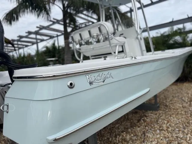 2025 BlackJack 224 boat, sleek design, parked on gravel with palm trees in background.