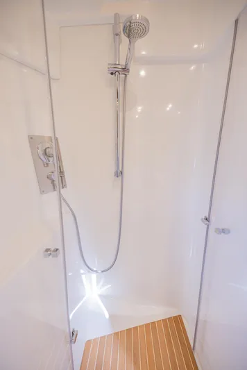 Elixir Yacht Photos Pics Shower area in 2019 Beneteau Gran Turismo 46 yacht, featuring sleek design and modern fixtures.