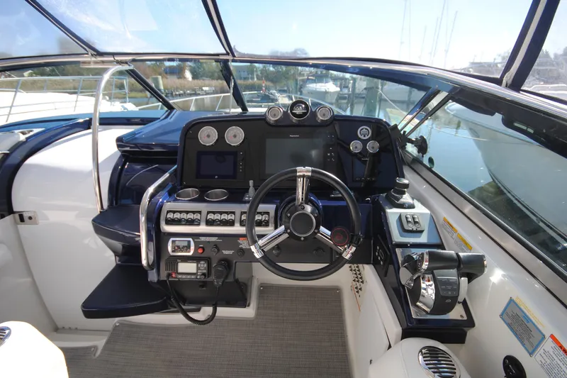  Yacht Photos Pics Cockpit of 2017 Formula 370 Super Sport boat with modern controls and steering wheel.