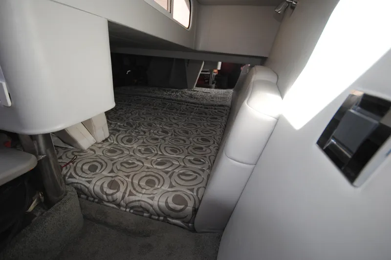  Yacht Photos Pics 2017 Formula 370 Super Sport cabin interior with patterned bedding and modern design.