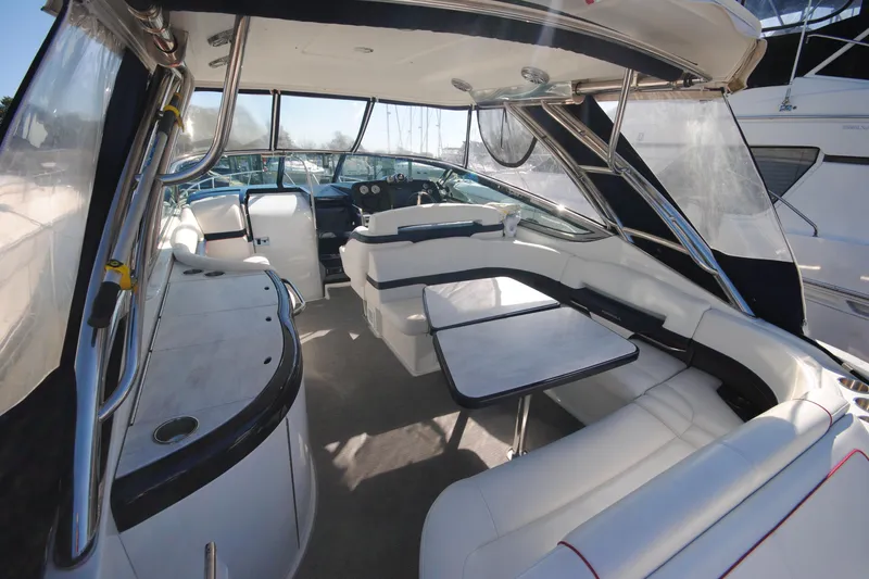  Yacht Photos Pics 2017 Formula 370 Super Sport boat interior with seating and table.