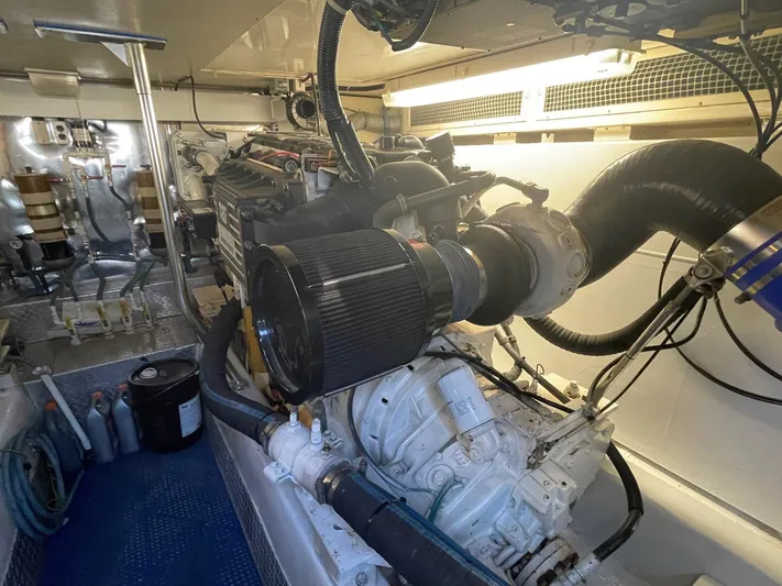 End Game Yacht Photos Pics Engine room of 2001 Ocean Yachts 56 Super Sport, showcasing mechanical components and equipment.