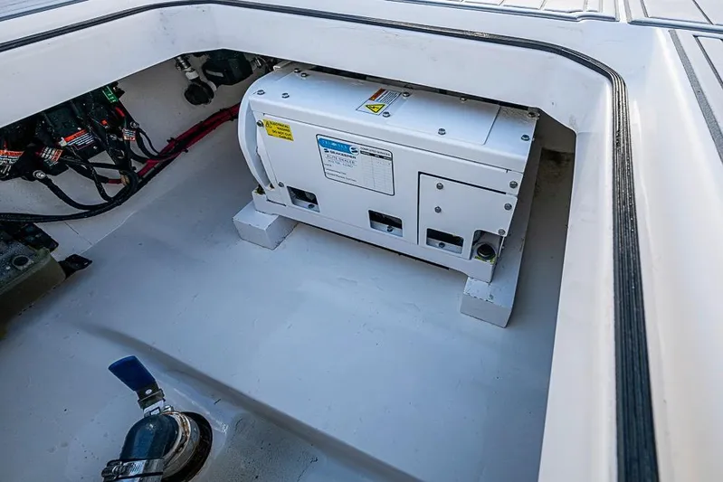  Yacht Photos Pics Engine compartment of a 2021 Albury Brothers 33 boat, featuring electrical components.