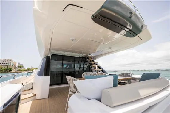  Yacht Photos Pics 2023 Ferretti Yachts 720 luxury deck with seating and ocean view.