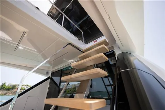  Yacht Photos Pics Staircase on 2023 Ferretti Yachts 720, leading to upper deck, modern design.