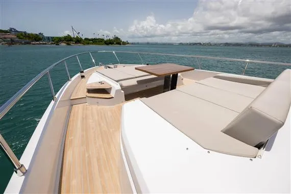  Yacht Photos Pics 2023 Ferretti Yachts 720 deck with luxurious seating and ocean view.