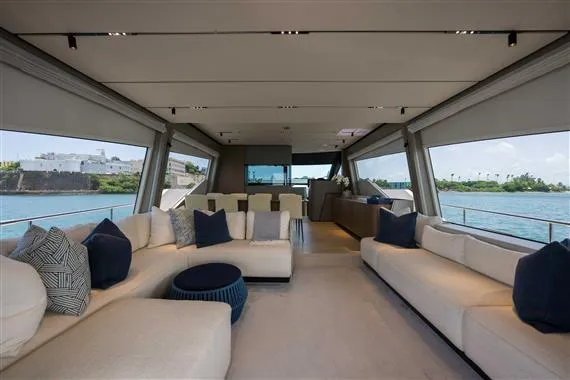  Yacht Photos Pics Luxurious interior of 2023 Ferretti Yachts 720 with elegant seating and panoramic windows.