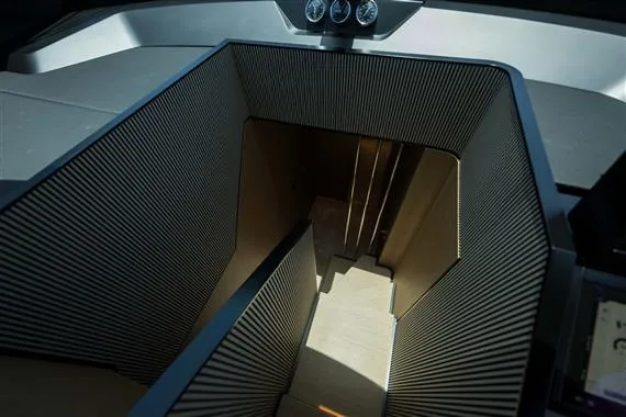  Yacht Photos Pics Interior staircase of 2023 Ferretti Yachts 720, featuring modern design and sleek lines.