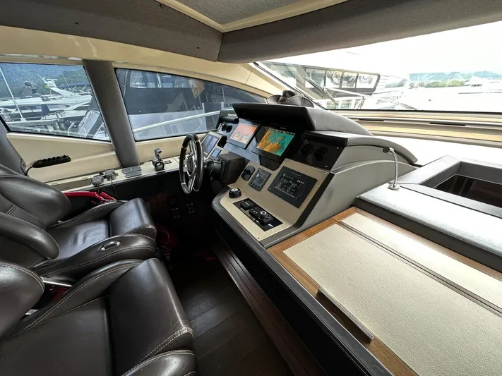 B-enjoy III Yacht Photos Pics Interior helm of 2012 Azimut 72S yacht with leather seats and advanced navigation systems.