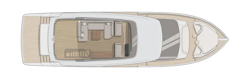  Yacht Photos Pics Top view of 2024 Cranchi Sessantasette 67 yacht layout, featuring spacious deck and seating.