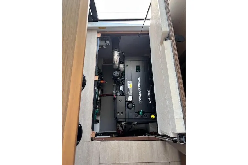 Sweet & Salty Yacht Photos Pics Engine compartment of 2019 Jeanneau Velasco 37F with Volvo Penta D4-260 engine.