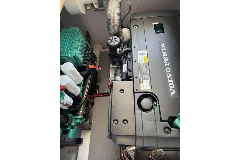 Sweet & Salty Yacht Photos Pics Engine compartment of 2019 Jeanneau Velasco 37F with Volvo Penta engine.