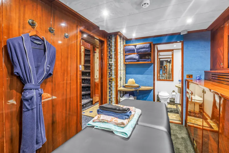 Star Saphire Yacht Photos Pics Luxurious yacht interior with massage table, robe, and bathroom; Bilgin 117, 2007 model.