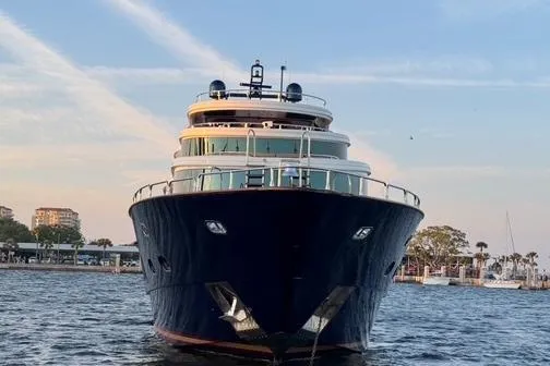 Star Saphire Yacht Photos Pics Front view of a 2007 Bilgin 117 yacht on the water at sunset.