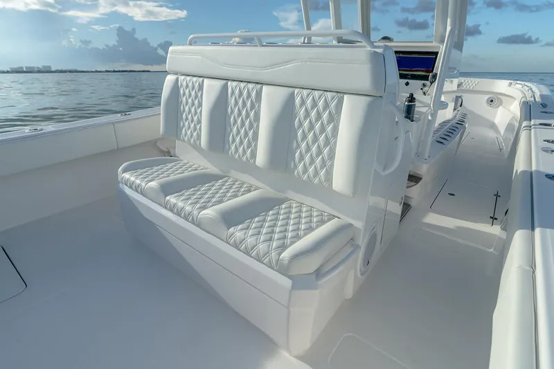  Yacht Photos Pics Manufacturer Provided Image: Luxurious seating on 2023 Invincible 33 Catamaran, featuring diamond-stitched upholstery.