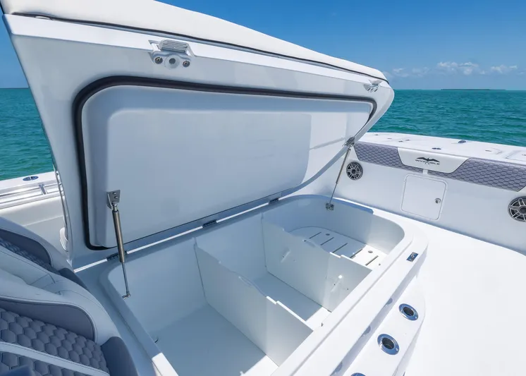  Yacht Photos Pics 2026 Invincible 38 Catamaran with open storage compartment, ocean backdrop.