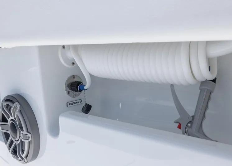  Yacht Photos Pics Coiled hose and speaker on 2026 Invincible 38 Catamaran.