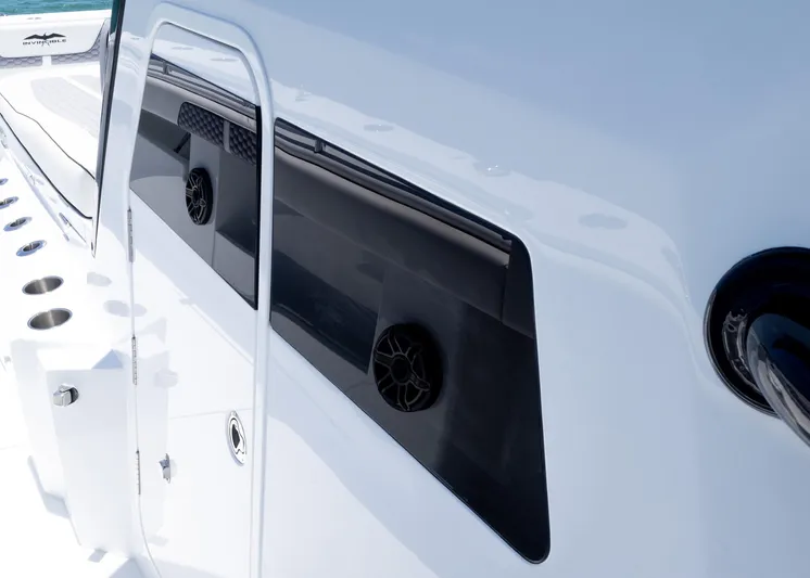  Yacht Photos Pics 2026 Invincible 38 Catamaran, sleek design with integrated speakers and rod holders.