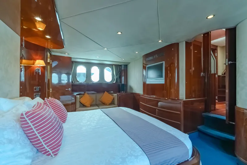 Blue Rose Yacht Photos Pics Luxurious cabin interior of a 2006 Princess 23M yacht with elegant wood finishes.