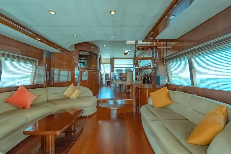 Blue Rose Yacht Photos Pics Luxurious interior of a 2006 Princess 23M yacht with elegant seating and wooden finishes.