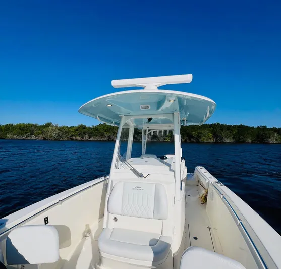  Yacht Photos Pics 2021 Cobia 301 Center Console boat on calm water under clear blue sky.
