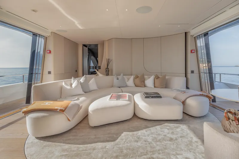 H Yacht Photos Pics Luxurious interior of 2023 Azimut Grande 35m yacht with elegant seating and ocean view.