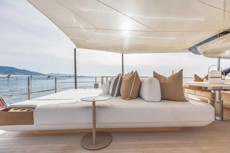 H Yacht Photos Pics Luxurious deck of 2023 Azimut Grande 35m yacht with elegant seating and ocean view.