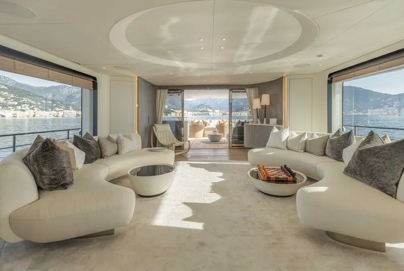 H Yacht Photos Pics Luxurious interior of 2023 Azimut Grande 35m yacht with elegant seating and panoramic views.