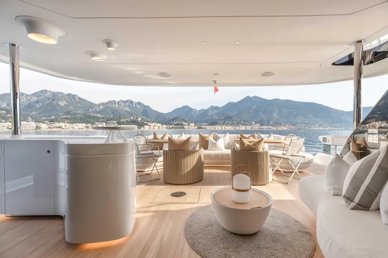 H Yacht Photos Pics Luxurious Azimut Grande 35m yacht interior with scenic mountain and sea views, 2023 model.
