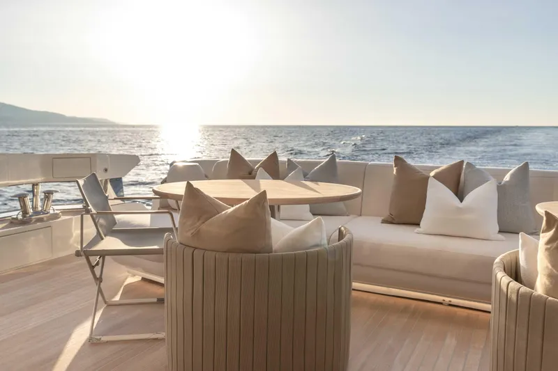 H Yacht Photos Pics Luxurious deck of 2023 Azimut Grande 35m yacht with ocean view at sunset.