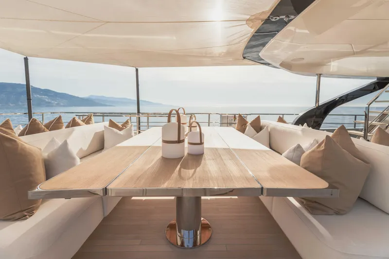 H Yacht Photos Pics Luxurious deck seating on 2023 Azimut Grande 35m yacht with ocean view.