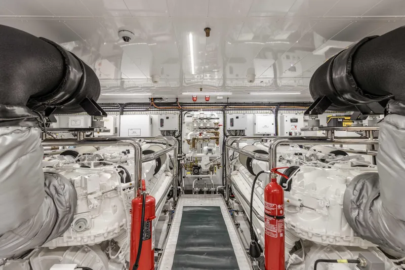 H Yacht Photos Pics Engine room of 2023 Azimut Grande 35m yacht, featuring advanced machinery and safety equipment.