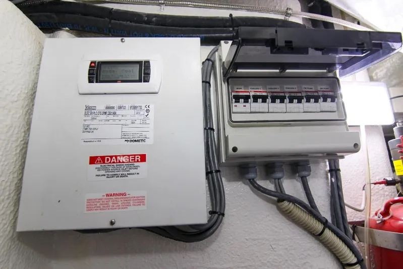 Love Life Yacht Photos Pics Electrical panel and circuit breakers on a 2009 Riva 68' EGO SUPER yacht.