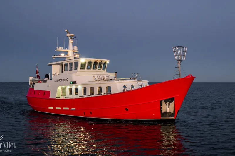  Yacht Photos Pics Red 2009 Altena Trawler yacht "San Gottardo" on calm sea at dusk.