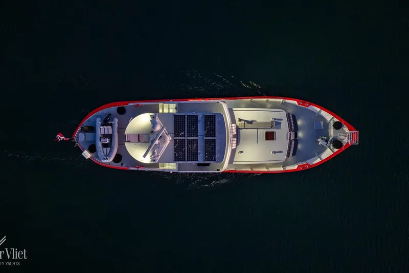  Yacht Photos Pics Aerial view of 2009 Altena Trawler yacht with solar panels on deck.