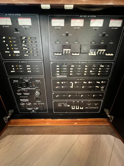 Play Pen Yacht Photos Pics Electrical control panel of a 2001 Bertram 510 Convertible yacht.