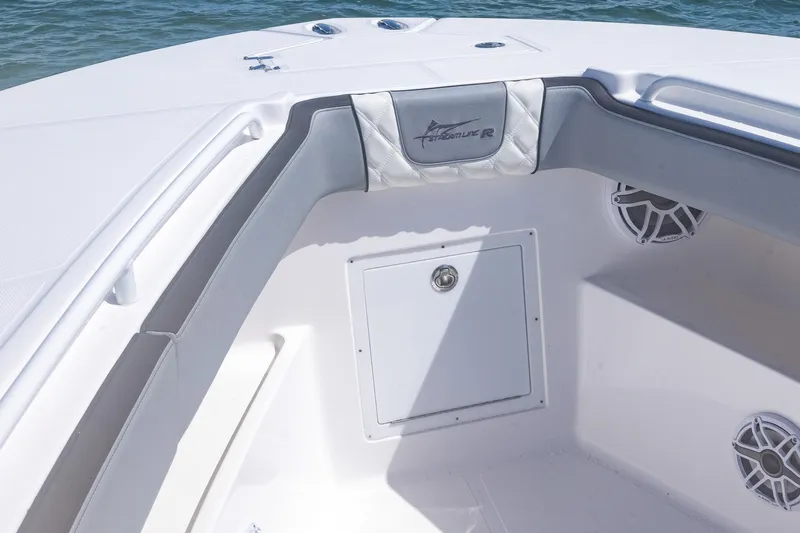  Yacht Photos Pics Interior of 2025 Streamline R 35 boat with sleek seating and storage.
