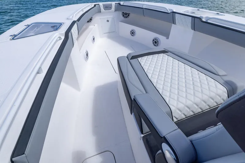  Yacht Photos Pics Luxurious interior of 2025 Streamline R 35 boat with quilted seating and sleek design.