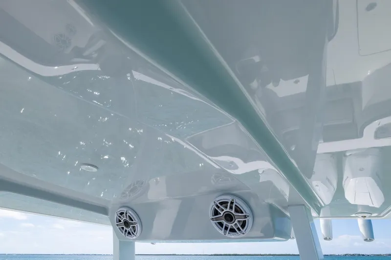  Yacht Photos Pics Underneath view of 2025 Streamline R 35 boat with speakers and glossy finish.