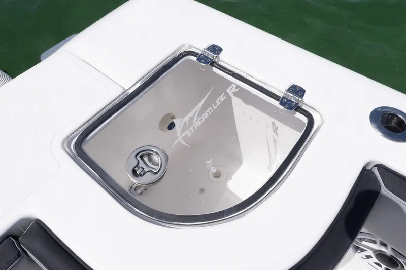  Yacht Photos Pics Hinged compartment on 2025 Streamline R 35 boat, featuring sleek design and secure latch.
