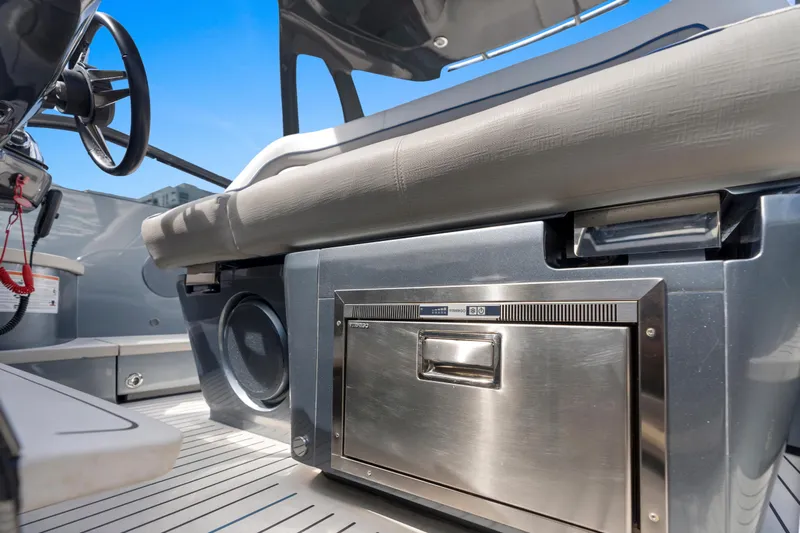 Mischief Yacht Photos Pics Interior of 2020 Princess R35 yacht, featuring a sleek stainless steel appliance and modern design.