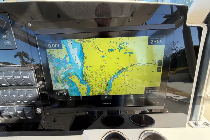  Yacht Photos Pics Garmin GPS display on 2016 Cobia 344 Center Console boat dashboard.