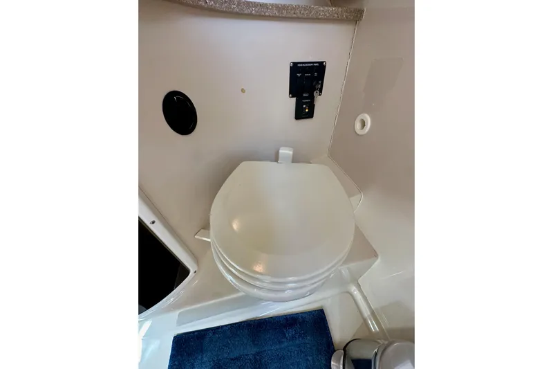 Seahorse Yacht Photos Pics 2018 Wellcraft 290 Coastal boat interior with compact marine toilet and control panel.