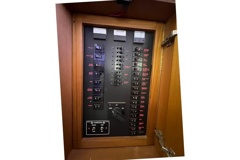 Reel Interest Yacht Photos Pics Electrical panel inside a 2002 Ocean Yachts 56 Super Sport boat.