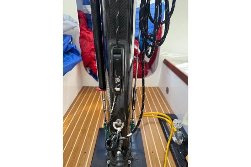 Dark Storm Yacht Photos Pics 2019 J Boats J/121 interior mast with ropes and wooden flooring.
