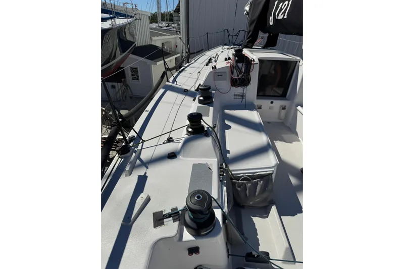 Dark Storm Yacht Photos Pics 2019 J Boats J/121 sailboat deck with winches and rigging.