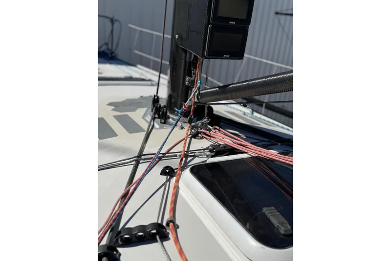 Dark Storm Yacht Photos Pics Close-up of 2019 J Boats J/121 sailboat rigging and deck equipment.