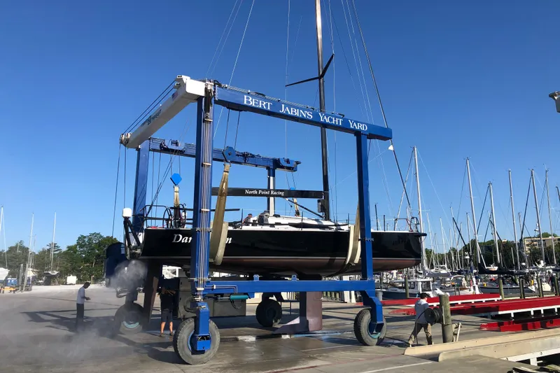 Dark Storm Yacht Photos Pics 2019 J Boats J/121 yacht at Bert Jabin's Yacht Yard, lifted for maintenance.